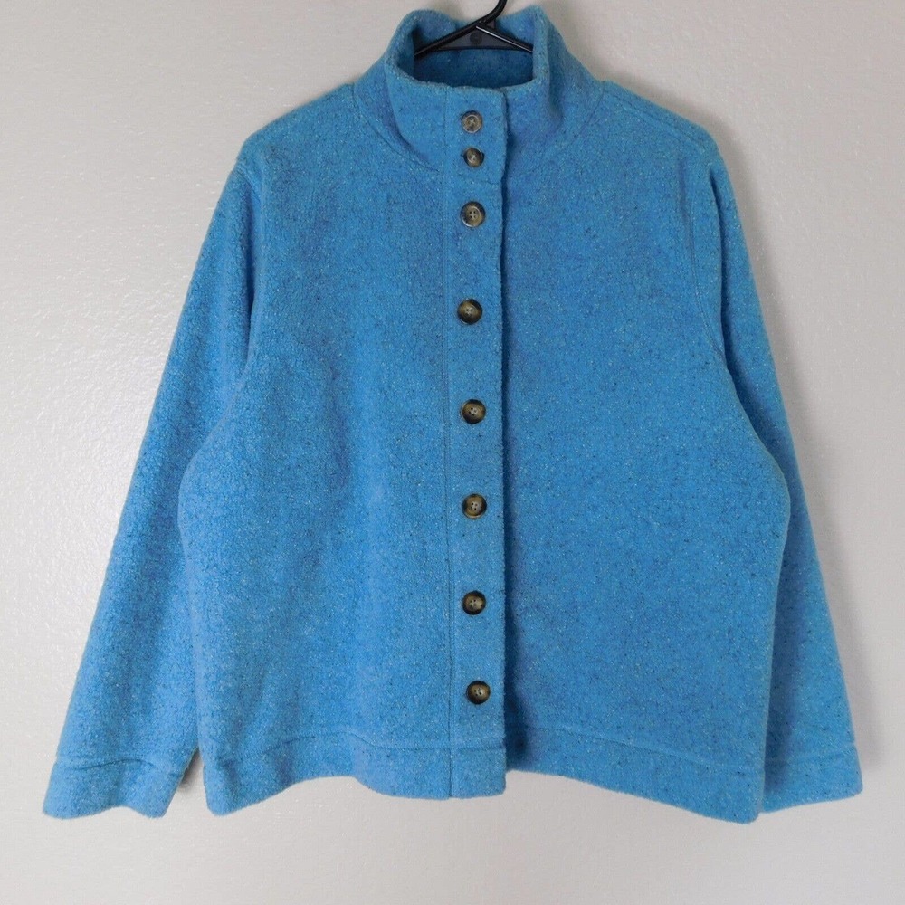 L.L. Bean Women Sweatshirt Large Button Up Light Blue Fuzzy Long Sleeve Casual